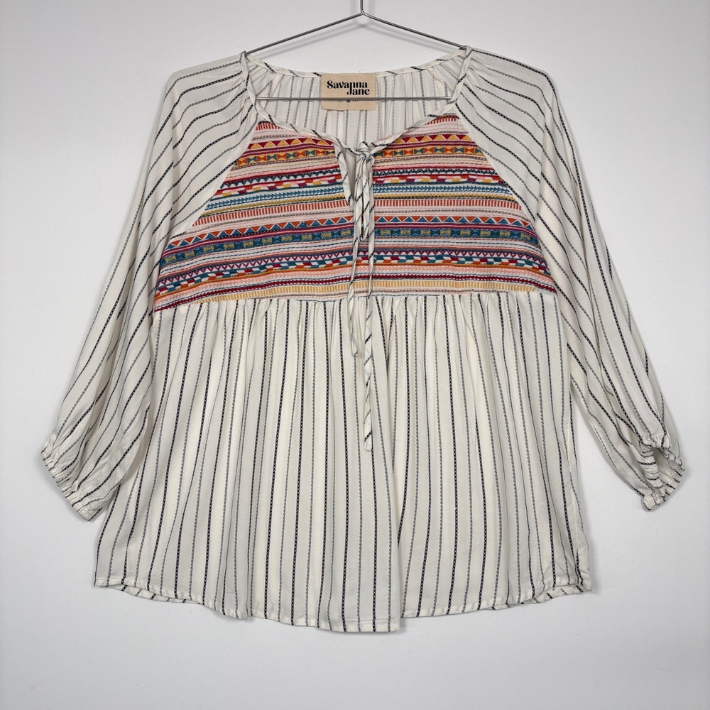 Savanna Jane Women Blouse Medium White Striped Boho Embroidered Peasant 18192